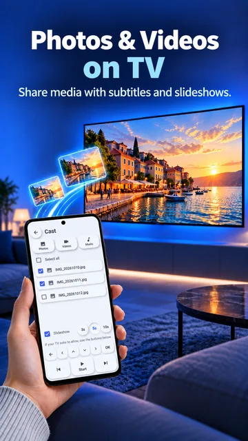 Photos and videos on the TV, with subtitles and slideshows