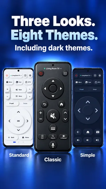 Three remote layouts and eight color themes, dark included